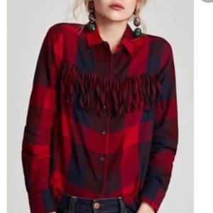 Zara. Fringed checked shirt. XS
